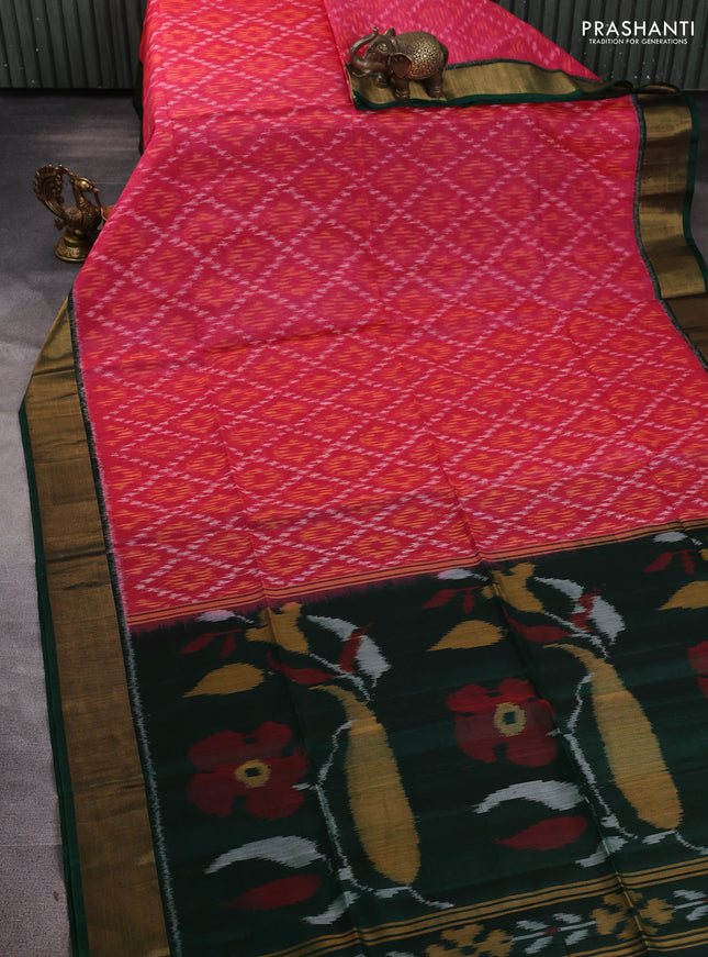 Ikat silk cotton saree pink shade and bottle green with allover ikat weaves and zari woven border
