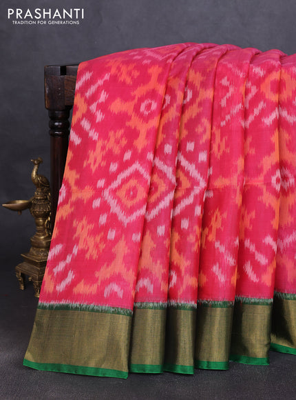 Ikat silk cotton saree candy pink and green with allover ikat weaves and zari woven border