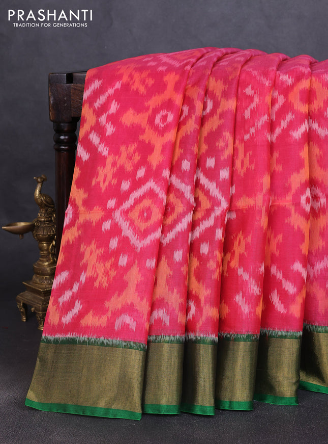 Ikat silk cotton saree candy pink and green with allover ikat weaves and zari woven border