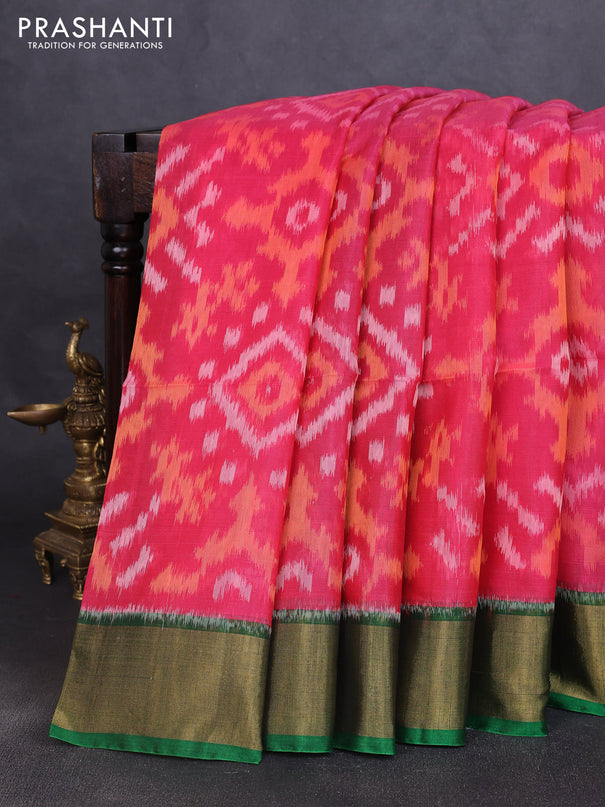 Ikat silk cotton saree candy pink and green with allover ikat weaves and zari woven border