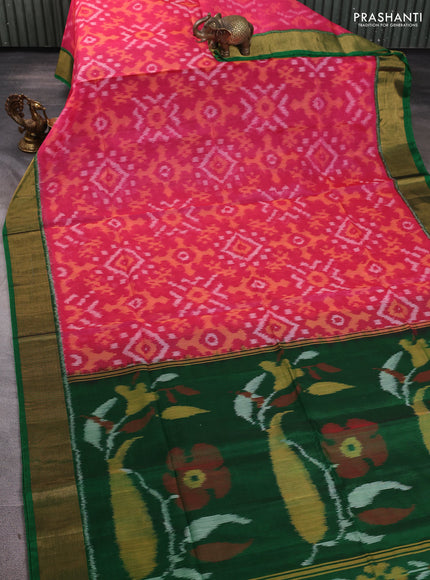 Ikat silk cotton saree candy pink and green with allover ikat weaves and zari woven border
