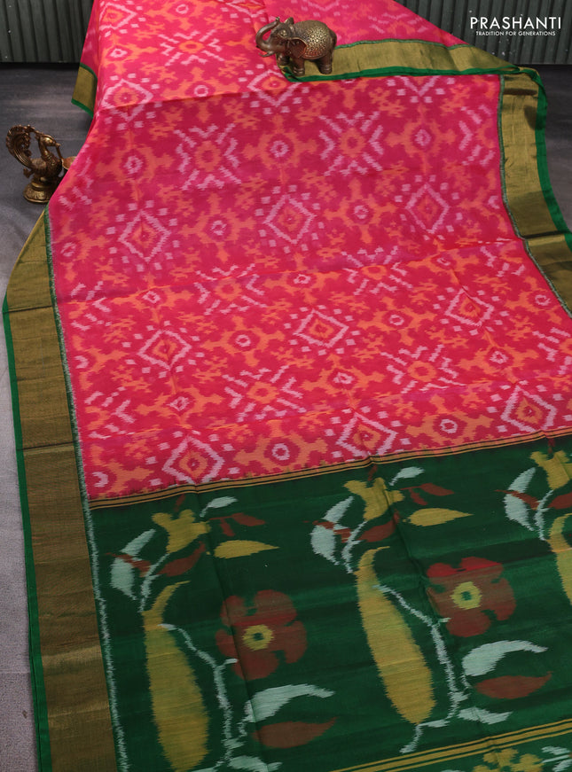 Ikat silk cotton saree candy pink and green with allover ikat weaves and zari woven border