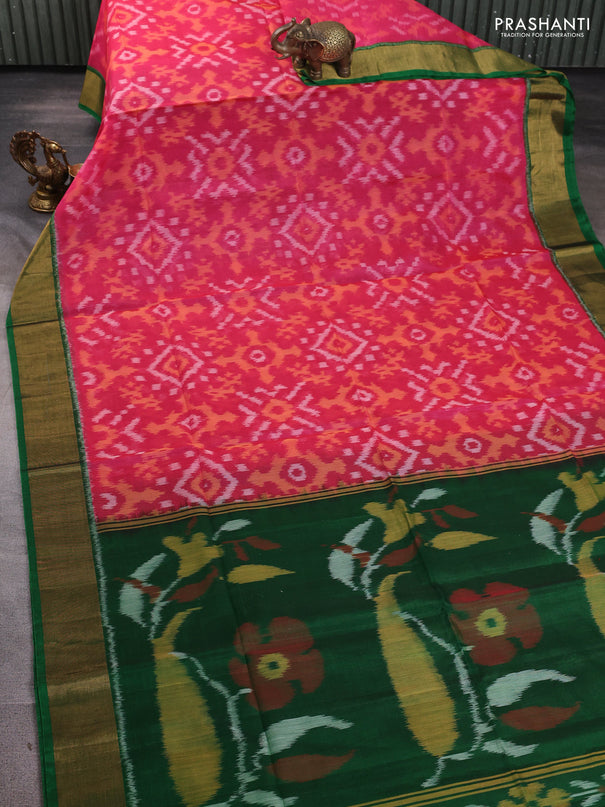 Ikat silk cotton saree candy pink and green with allover ikat weaves and zari woven border