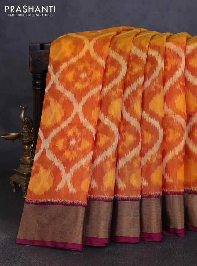 Ikat silk cotton saree dark mustard and wine shade with allover ikat weaves and zari woven border