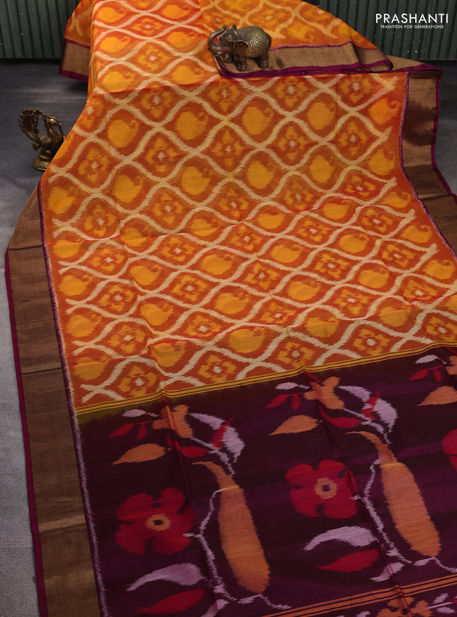 Ikat silk cotton saree dark mustard and wine shade with allover ikat weaves and zari woven border