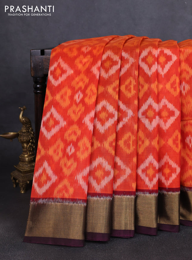 Ikat silk cotton saree orange and coffee brown with allover ikat weaves and zari woven border