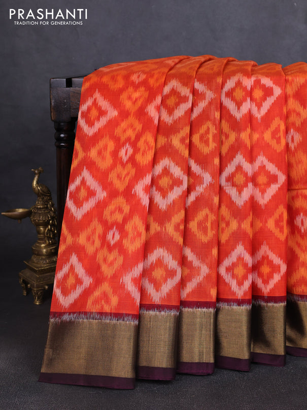 Ikat silk cotton saree orange and coffee brown with allover ikat weaves and zari woven border