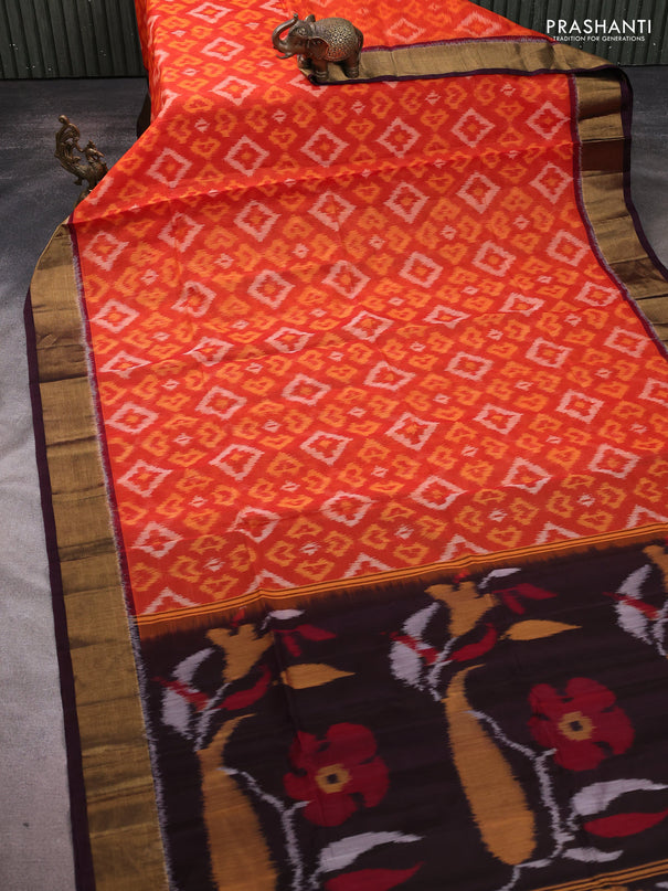 Ikat silk cotton saree orange and coffee brown with allover ikat weaves and zari woven border