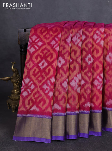 Ikat silk cotton saree pink and violet with allover ikat weaves and zari woven border