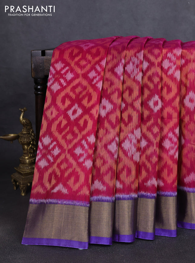 Ikat silk cotton saree pink and violet with allover ikat weaves and zari woven border