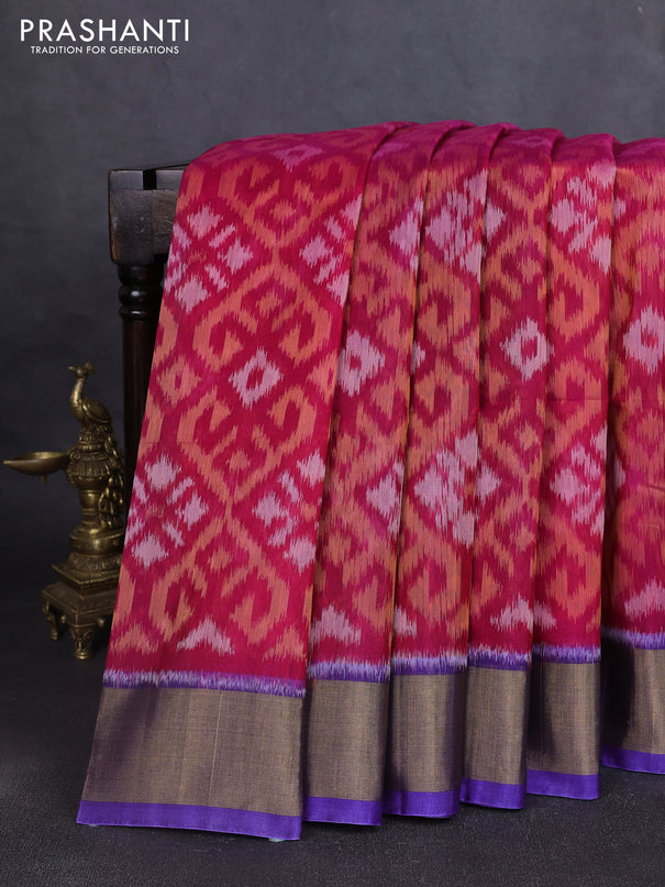 Ikat silk cotton saree pink and violet with allover ikat weaves and zari woven border