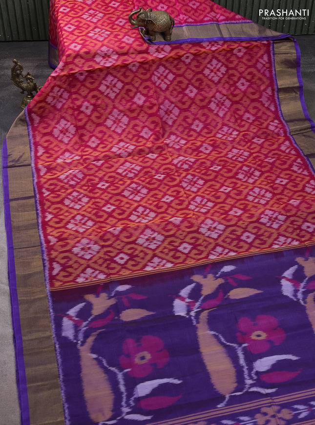 Ikat silk cotton saree pink and violet with allover ikat weaves and zari woven border