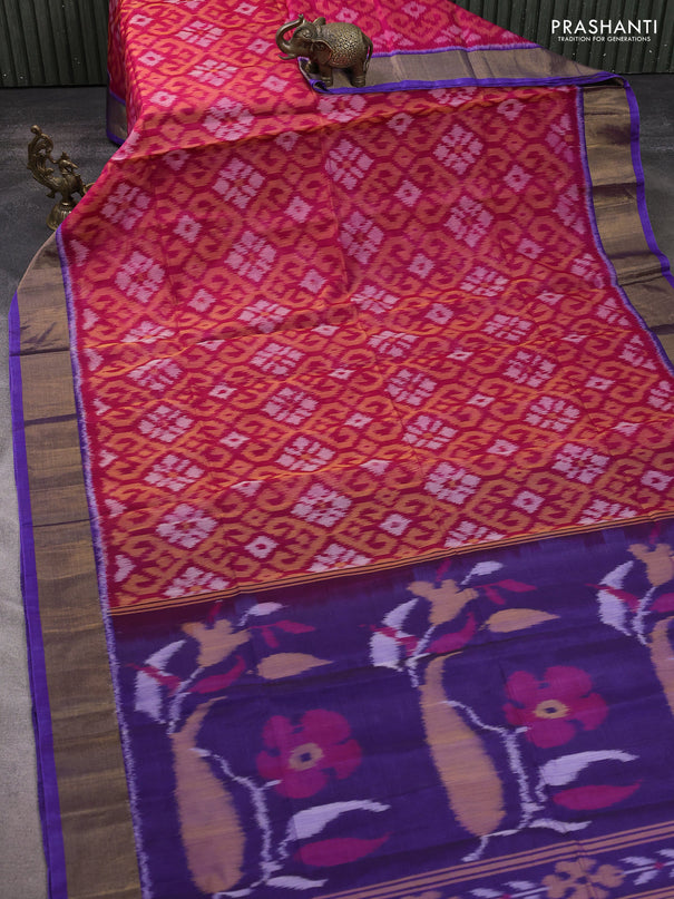 Ikat silk cotton saree pink and violet with allover ikat weaves and zari woven border