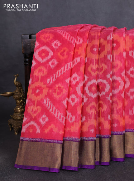 Ikat silk cotton saree pinnk and purple with allover ikat weaves and zari woven border