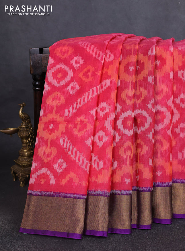 Ikat silk cotton saree pinnk and purple with allover ikat weaves and zari woven border