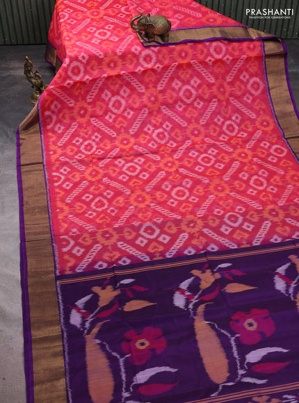 Ikat silk cotton saree pinnk and purple with allover ikat weaves and zari woven border