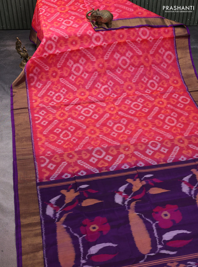 Ikat silk cotton saree pinnk and purple with allover ikat weaves and zari woven border