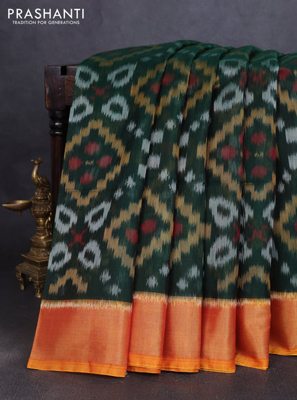Ikat silk cotton saree bottle green and dark mustard with allover ikat weaves and zari woven border