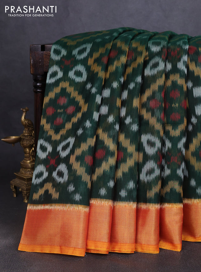 Ikat silk cotton saree bottle green and dark mustard with allover ikat weaves and zari woven border