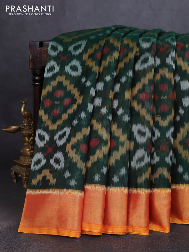 Ikat silk cotton saree bottle green and dark mustard with allover ikat weaves and zari woven border