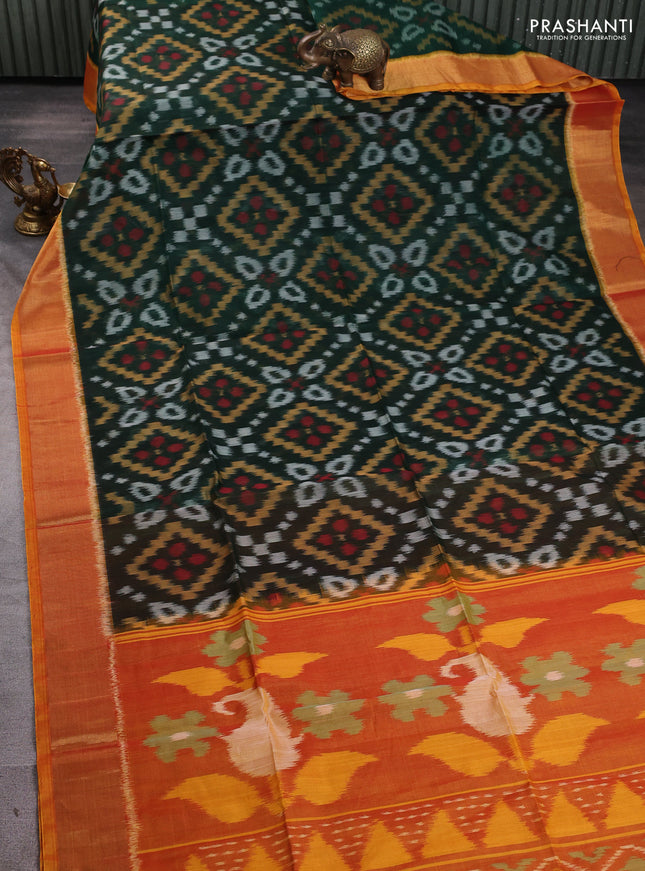 Ikat silk cotton saree bottle green and dark mustard with allover ikat weaves and zari woven border