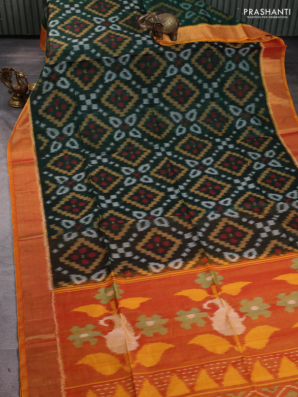 Ikat silk cotton saree bottle green and dark mustard with allover ikat weaves and zari woven border