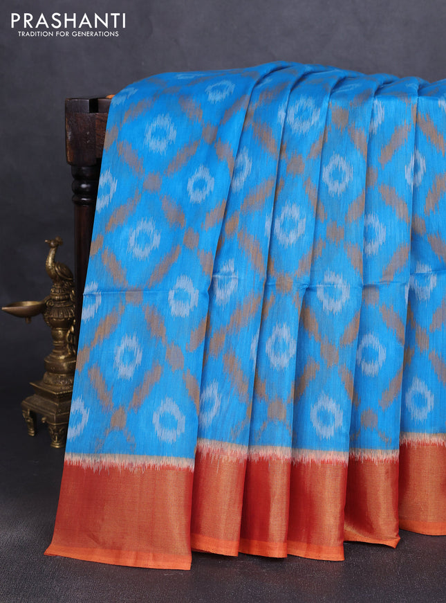 Ikat silk cotton saree cs blue and dark mustard with allover ikat weaves and zari woven border