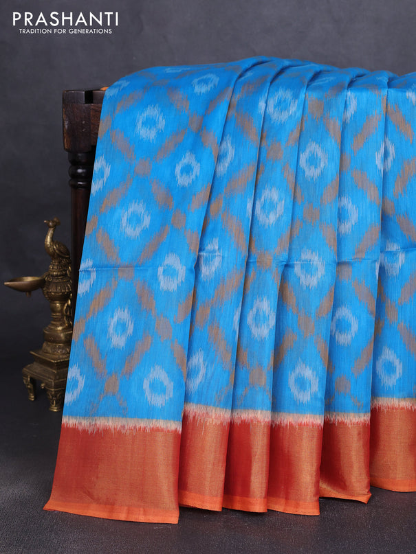 Ikat silk cotton saree cs blue and dark mustard with allover ikat weaves and zari woven border