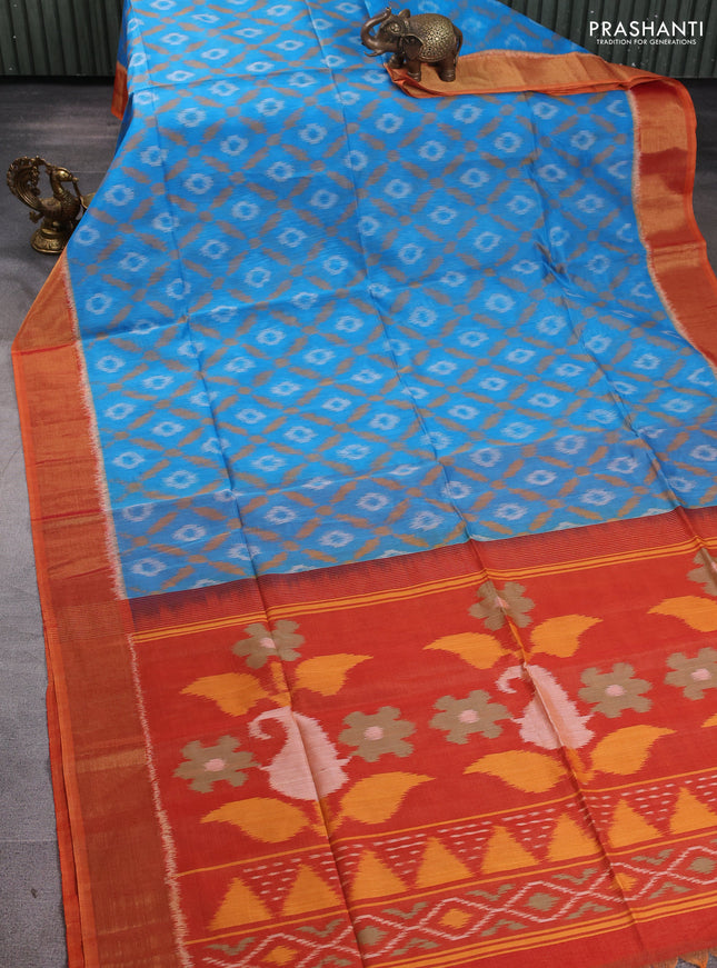Ikat silk cotton saree cs blue and dark mustard with allover ikat weaves and zari woven border