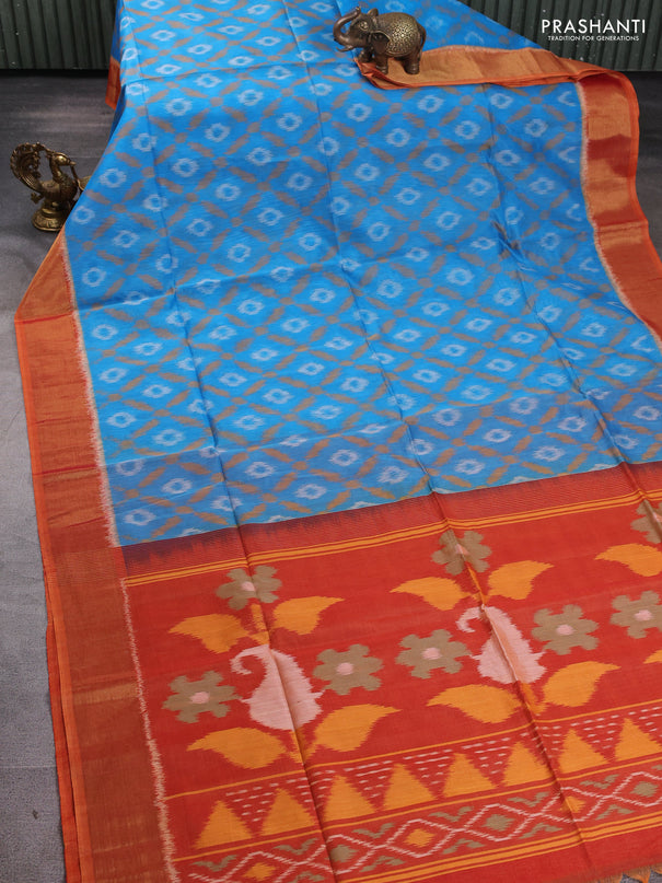 Ikat silk cotton saree cs blue and dark mustard with allover ikat weaves and zari woven border