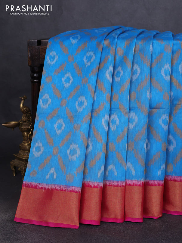 Ikat silk cotton saree cs blue and pink with allover ikat weaves and zari woven border