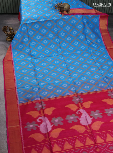 Ikat silk cotton saree cs blue and pink with allover ikat weaves and zari woven border