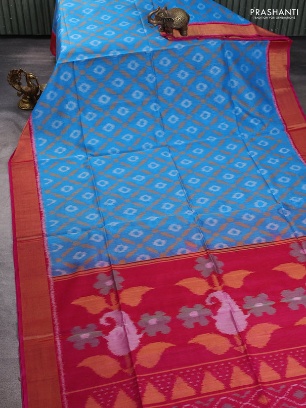 Ikat silk cotton saree cs blue and pink with allover ikat weaves and zari woven border
