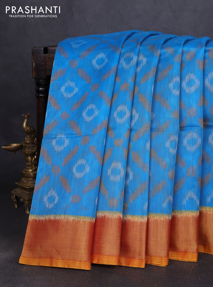Ikat silk cotton saree cs blue and dark mustard with allover ikat weaves and zari woven border