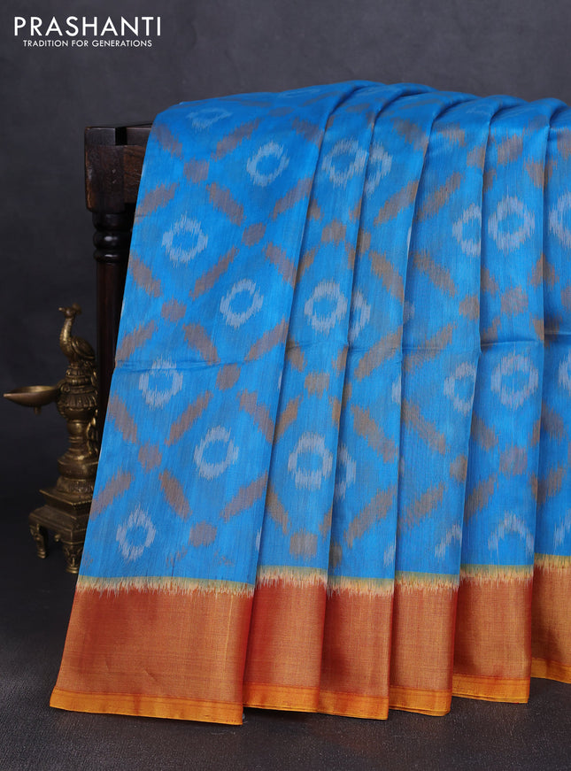Ikat silk cotton saree cs blue and dark mustard with allover ikat weaves and zari woven border