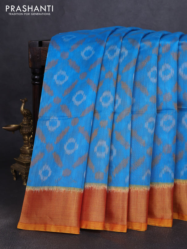 Ikat silk cotton saree cs blue and dark mustard with allover ikat weaves and zari woven border
