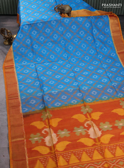 Ikat silk cotton saree cs blue and dark mustard with allover ikat weaves and zari woven border