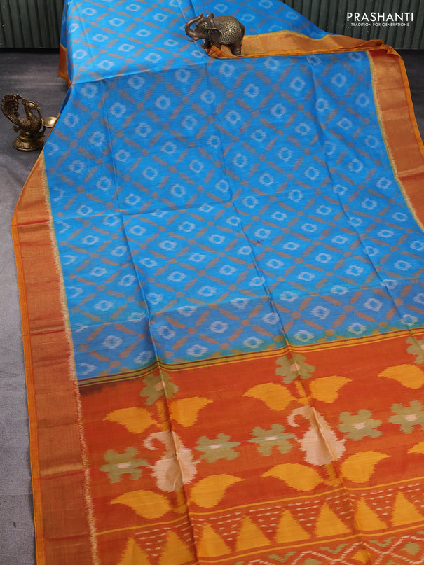 Ikat silk cotton saree cs blue and dark mustard with allover ikat weaves and zari woven border