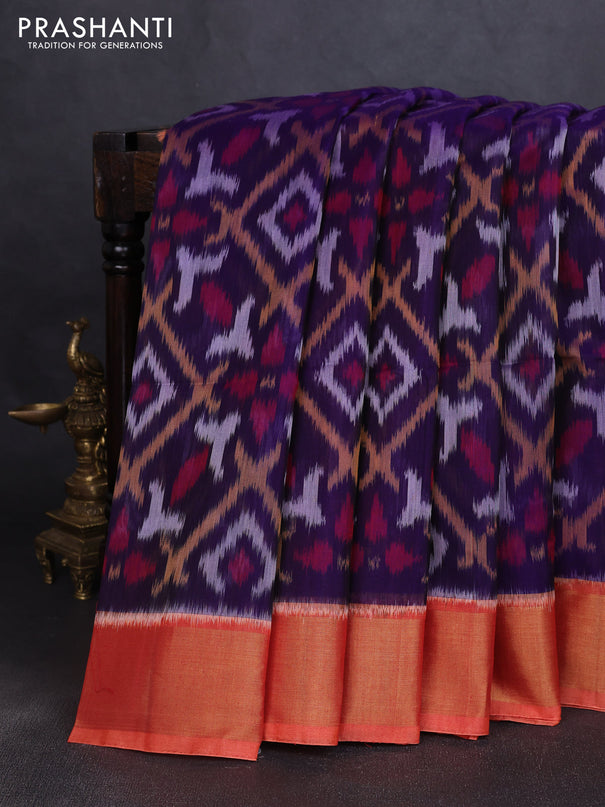Ikat silk cotton saree violet and orange with allover ikat weaves and zari woven border