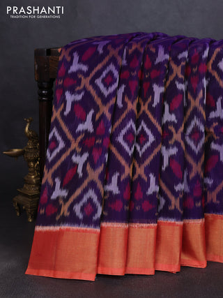 Ikat silk cotton saree violet and orange with allover ikat weaves and zari woven border