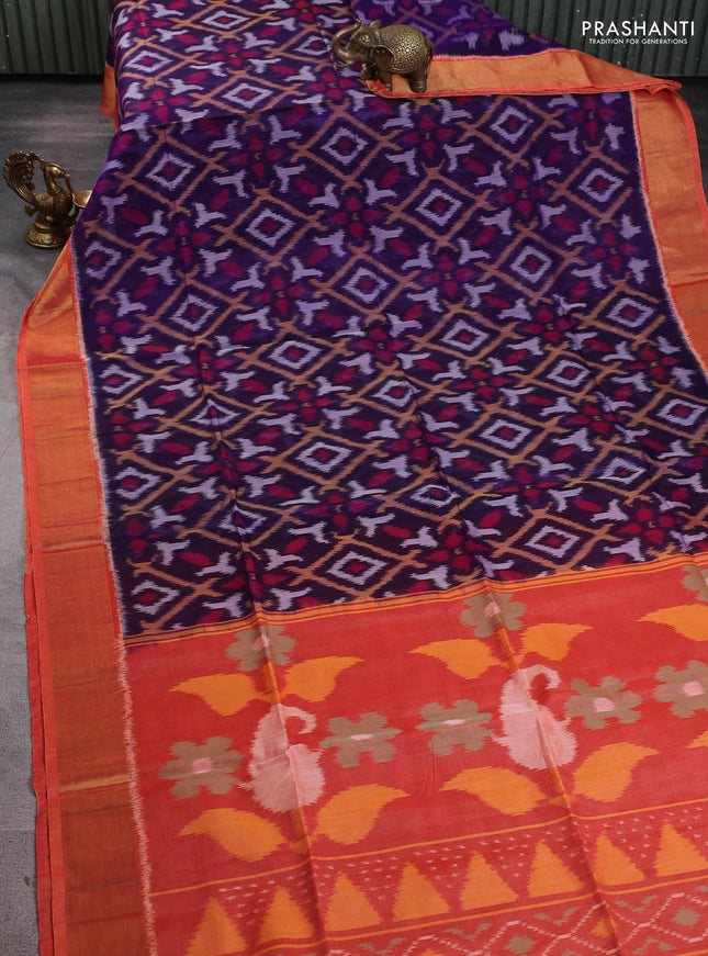 Ikat silk cotton saree violet and orange with allover ikat weaves and zari woven border