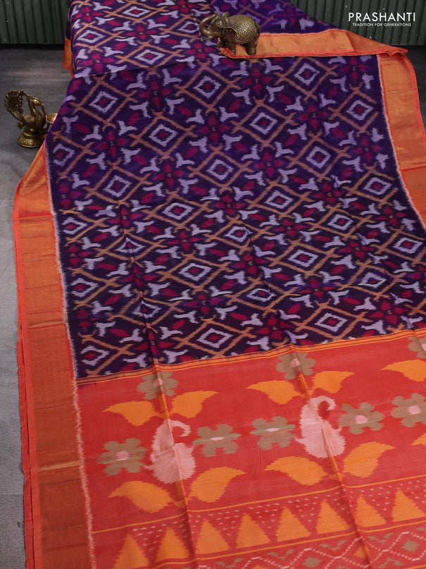 Ikat silk cotton saree violet and orange with allover ikat weaves and zari woven border