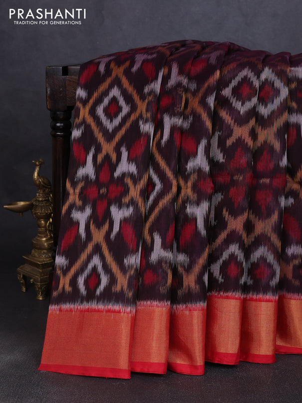 Ikat silk cotton saree jamun shade and red with allover ikat weaves and zari woven border