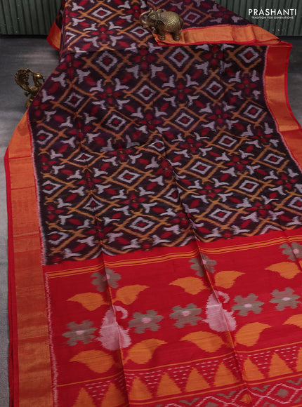 Ikat silk cotton saree jamun shade and red with allover ikat weaves and zari woven border