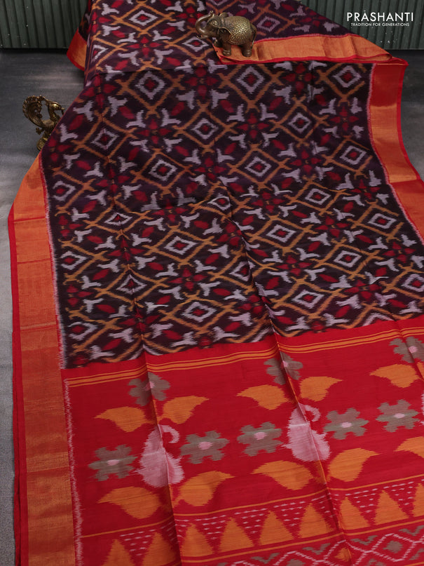 Ikat silk cotton saree jamun shade and red with allover ikat weaves and zari woven border