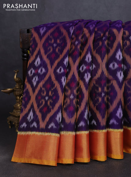 Ikat silk cotton saree violet and dark mustard with allover ikat weaves and zari woven border