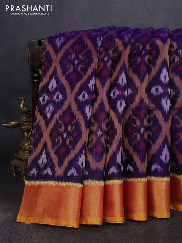 Ikat silk cotton saree violet and dark mustard with allover ikat weaves and zari woven border