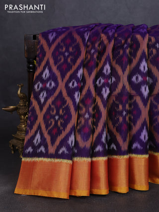 Ikat silk cotton saree violet and dark mustard with allover ikat weaves and zari woven border