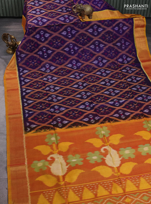 Ikat silk cotton saree violet and dark mustard with allover ikat weaves and zari woven border