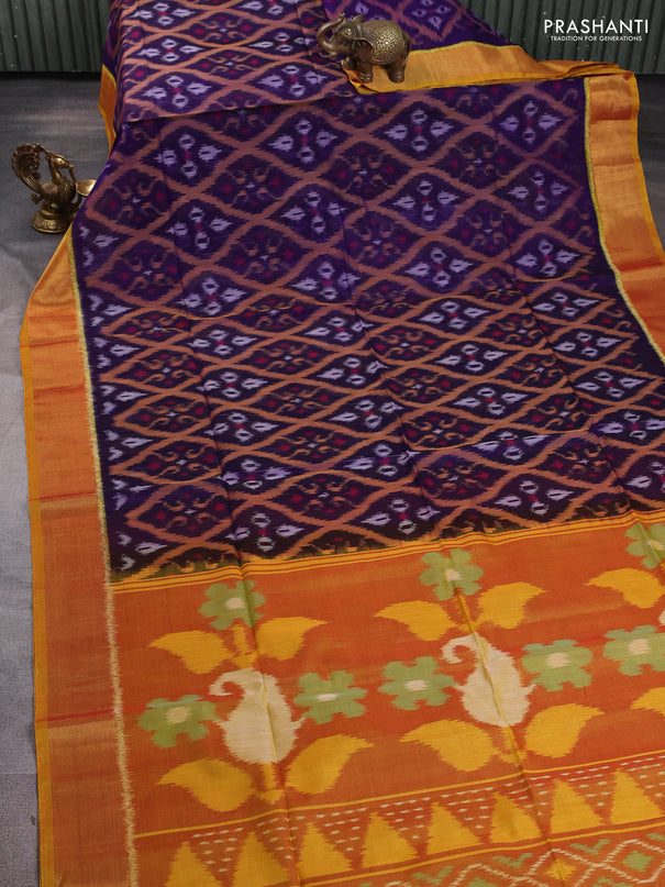 Ikat silk cotton saree violet and dark mustard with allover ikat weaves and zari woven border